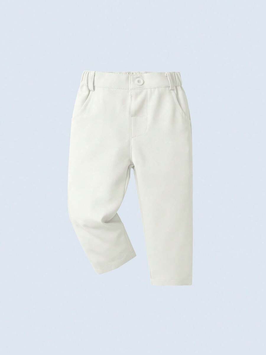 BOARNSEORL Young Boy White Elastic Waist Casual Pants, Solid Color, Versatile And Comfortable, Suitable For Spring And Autumn Daily Wear - White - View 1