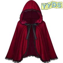 Red & Burgundy Halloween Velvet Cloak, Short Ruched Lace Trim Hooded Cape