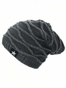 Classic Solid Color Thick Knit Beanie Hat With Five-Pointed Star Patch, Fashionable Jacquard Patterned Warm Knitted Cap For Autumn/Winter Winter Warm