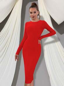 Sexy Women's Long Sleeve Large Zipper Back Bodycon Midi Dress For Vacation And Party - Merah - View 4