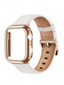 Compatible With Apple Watch Bands And Watch Protective Case, Rose Gold Color, PC Hard Material Rose Gold Frame Without Screen Protector, Anti-Collision Anti-Scratch Watch Protective Case, Matching Soft Comfortable Leather Strap, White, Compatible With Smart Watch SE/S10/Ultra 3/2/1 Series, SE S11/S9/S8/S7/S6/S5/S4/S3/S2/S1 Series, Fashionable For Young Ladies, Replacement For 38mm/40mm/41mm/42mm/44mm/45mm/46mm/49mm - White - View 2