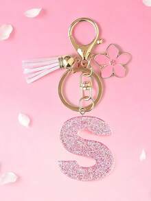 1pc DIY Pink 26 English Alphabet Keychain, Resin Glitter Flower Tassel Key Chain For Women Christmas Gift
