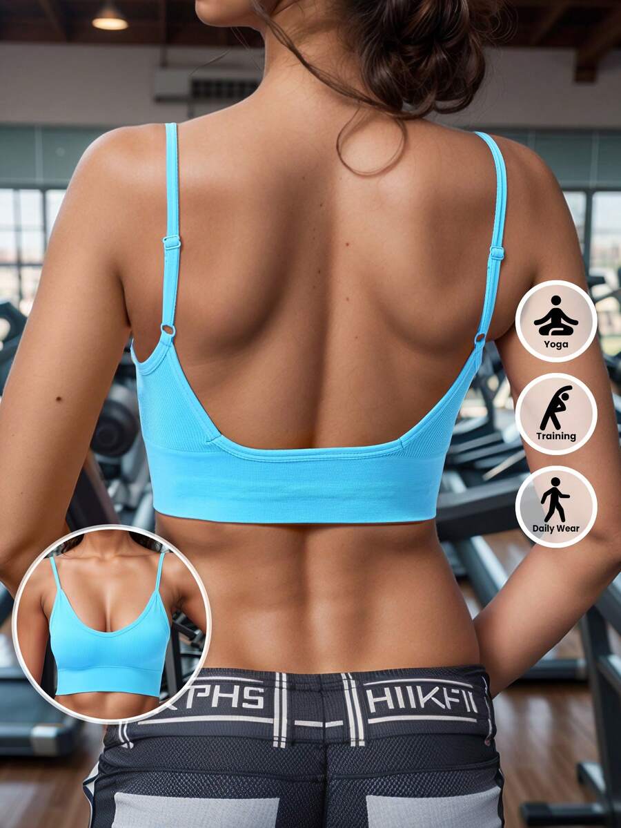 1 件经典罗纹高弹力瑜伽运动文胸，防震无缝健身背心，可调节肩带，露背透气