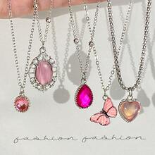 5-8pcs/Set Y2K Fashion Crystal Heart, Butterfly, Tulip, Bow Pendant Necklace Set, Shiny Jewelry Gift For Women, Suitable For Valentine's Day Party