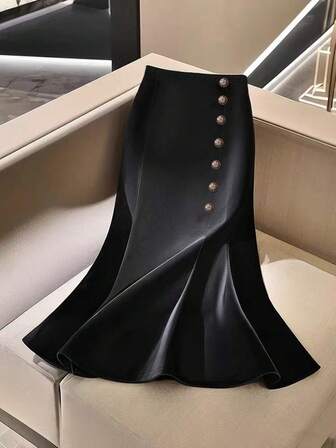 Falda midi de tubo elegante de un solo botonadura y unicolor con decoración para mujer