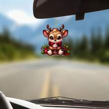 Christmas 2D New Cute Deer Holiday Gift Pendant-Acrylic Flat Car Rearview Mirror Decoration, Festive Car Interior Charm, Lightweight Acrylic Material, Vivid Deer Design, Cute 2D Flat Christmas Deer Car Rearview Mirror Decoration, Very Suitable Add Festive Cheers To The Car Interior During The Holidays,