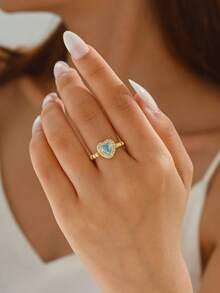 1pc Heart Square Oval Deco Zirconia Ring, Bead Chain Gold Ring For Women & Girls, Luxary Rings, Gift For Her