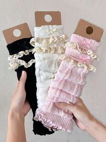 1/2/3 Cặp tất chân nhiều màu cho nữ, tất chân thon gọn, tất chân cao đến đầu gối có nơ xếp nếp ren dệt kim trang trí hình trái tim, đa năng cho mùa xuân/thu/đông, ấm áp - Nhiều màu - Xem 3