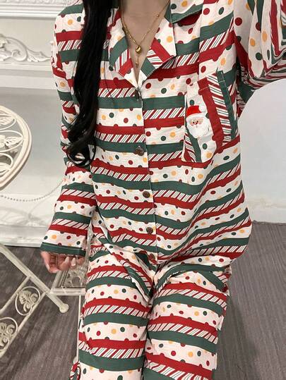2pcs Women Christmas Atmosphere Lapel Pajamas Set, Long Sleeve Top With Santa Claus Logo Print, Allover Print Polka Dot & Stripe Bottoms, Comfortable & Fashionable, Suitable For Spring, Autumn, Winter, Home & Leisure, Recommended As Christmas Gift Clothes