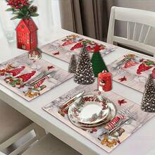 2/4/6pcs Christmas Happy Placemats, Gray Gnome Fantasy Snow Tree Branch Design Rectangular Placemats, 12x18 Inch, Suitable For Kitchen, Dining Room, Coffee, Party/Wedding Decor, Seasonal Winter Christmas Table Mats, Home Dining Table Decor, Party Decor, Christmas Decor, Holiday, Dining, Home Decor