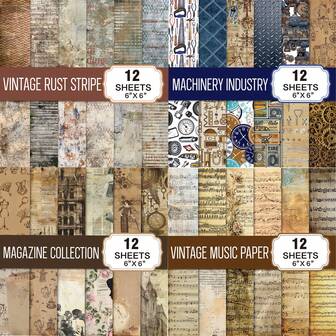 12 张 6 英寸 x 6 英寸复古图案纸、古典音乐、卡通机械、生锈线条、复古杂志图案、做旧纸张、古代、装饰剪贴簿纸，非常适合制作卡片纸、垃圾日记用品、相册、照片