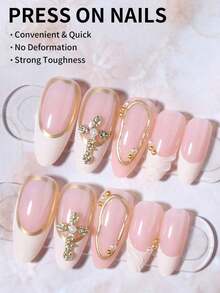 24Pcs Long Almond 3D Gel Nails Makes Flower Nails Design French Tip Press On Nails Medium Three-Dimensional Alloy Cross Decoration With Pearl Design Fit Perfectly Acrylic False Nails Set, Include: 1Pc Jelly Glue And 1Pc Nail File, French Almond Tip Nails For Woman Girl Daily Work Festivals Party Use Nail Supplies Nails BRM5 - Nhiều màu - Xem 8