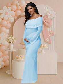 JustVH Maternity Contrast Mesh Off-Shoulder Dress Ruched Mermaid Hem For Baby Shower Elegant Stretch Maxi Outfit Photoshoot