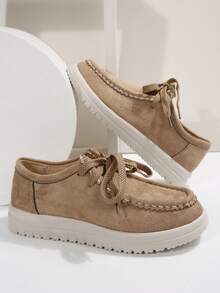 Plus Size Women Lightweight & Comfortable Slip-On Casual Shoes, New Autumn Vintage Versatile Round Toe Lace-Up British Style Boat Shoes, Casual Sneakers