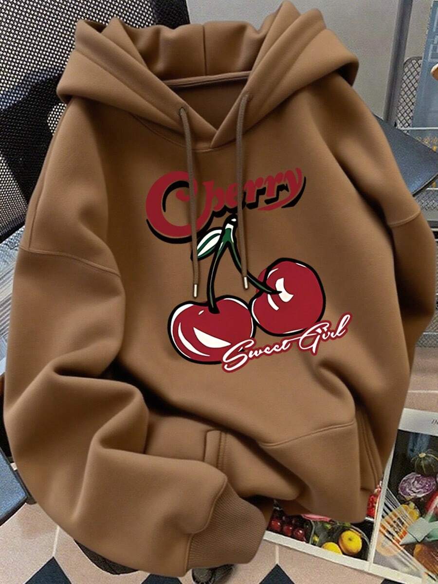 Sudadera estampada con capucha para mujer,Jersey informal suelto con estampado de cerezas