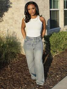 Steph T 女式水钻装饰直筒蓝色牛仔裤，性感派对裤，新年夜，节日派对裤，圣诞节 - 深色水洗藍 - 查看 2