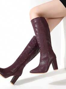 Women's Pointed Toe Chunky Heel Ankle Boots, Fashion Versatile Ankle Boots For Spring, Autumn & Winter - Burgundy - View 2