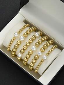 5pcs/Set Fashionable & Versatile Rice Pearl Bead Round Pendant Stacked Bracelets, Suitable For Women Summer Beach Vacation Daily Accessories