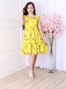 Short Printed Children's Tank Top Dress - 黃色 - 查看 2