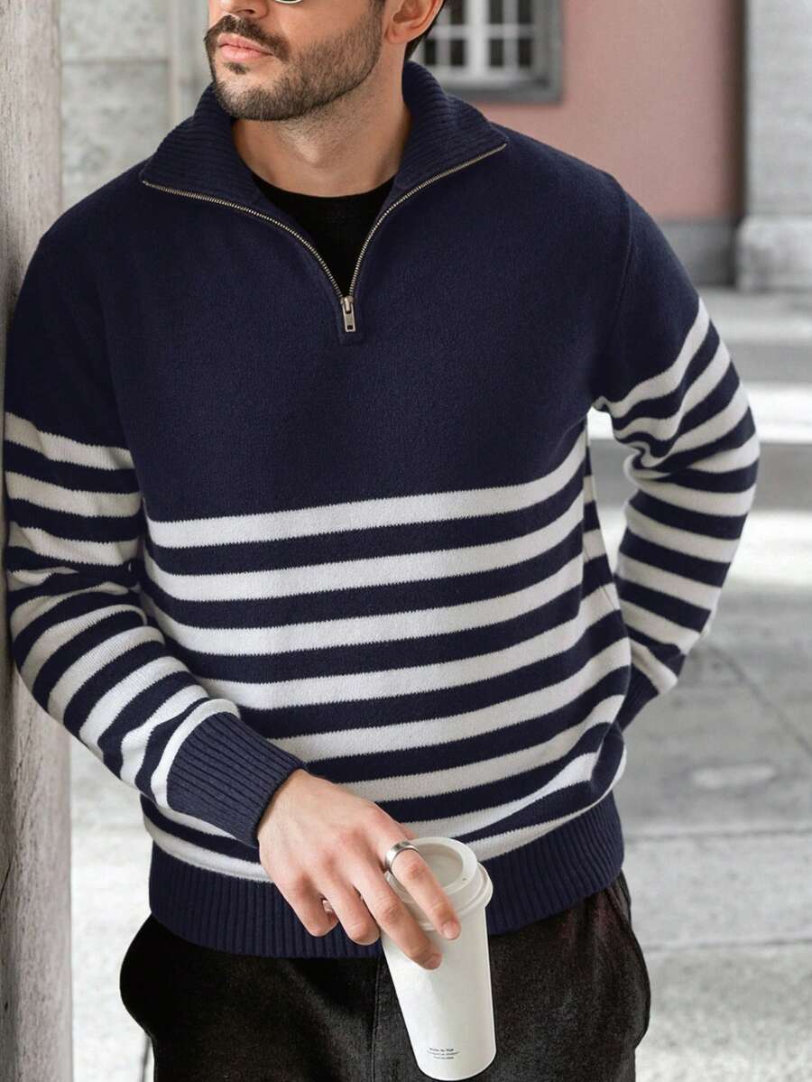 男士休闲宽松条纹 Polo 领拉链针织衫，简约商务通勤风格，秋冬款 - 藏蓝色 - 查看 1