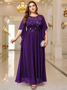 Plus Elegant Sequin Floral Lace Chiffon Butterfly Sleeve Contrast Ruched Hem Formal Party Long Dress, Wedding Guest Dress - 紫色 - 查看 4