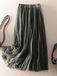 LuminousWealth Women's Elegant Pleated Mesh A-Line Skirt, Suitable For Casual Or Office Wear, Minimalist & Graceful | Polyester Mesh Skirt, Suitable For All Seasons, Great For Christmas & New Year - Màu xanh lá cây đậm - Xem 10