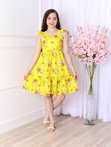 Short Printed Children's Tank Top Dress - 黃色 - 查看 1