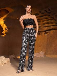 ​​​​​Elegant Strapless Floral Embellished Crop Top & Fringed Sequined Straight Leg Pants, Luxury Ladies' Formal Two Pieces Party Set For Gala Dinners, Black-Tie Events, Charity Balls, Luxury Weddings, Formal Receptions​ - Black - View 4