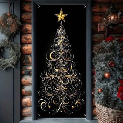 1件，尺寸为35.4x70.8英寸（90x180厘米），圣诞快乐！全新派对窗帘，以明亮的圣诞树为主题，采用涤纶材质，适用于生日、派对、庆祝活动、室内/室外装饰、家居、门廊、草坪、花园、庭院装饰，通用主题，带有挂孔，方便悬挂。