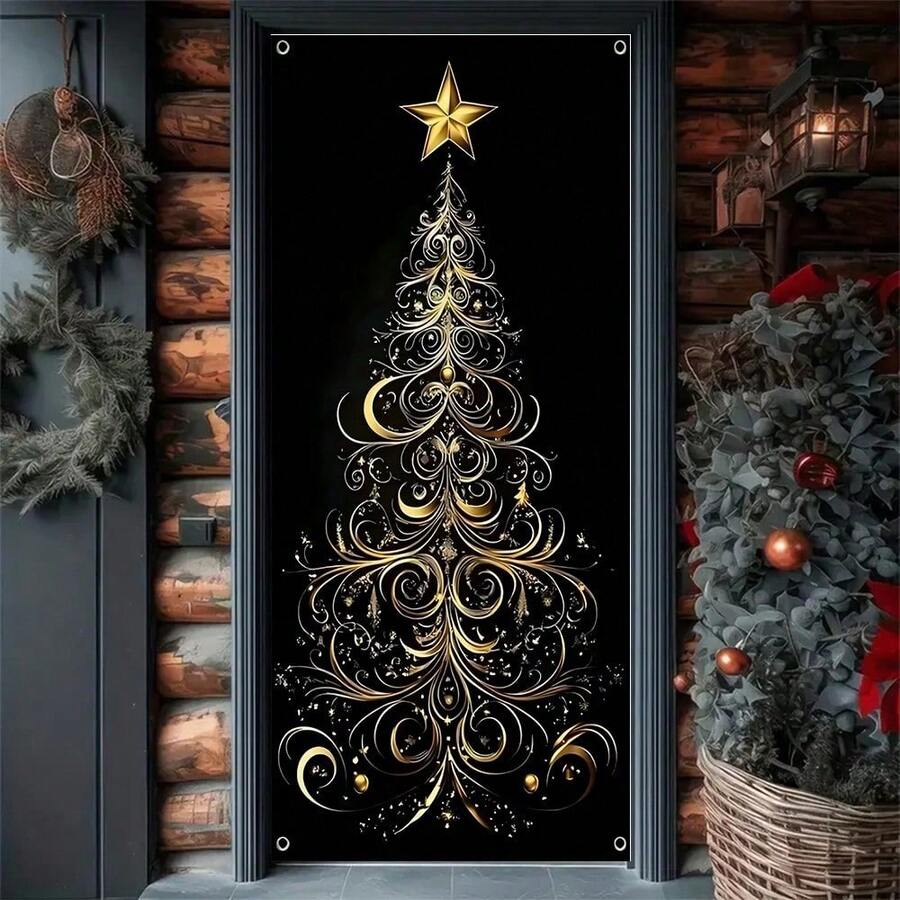 1件，尺寸为35.4x70.8英寸（90x180厘米），圣诞快乐！全新派对窗帘，以明亮的圣诞树为主题，采用涤纶材质，适用于生日、派对、庆祝活动、室内/室外装饰、家居、门廊、草坪、花园、庭院装饰，通用主题，带有挂孔，方便悬挂。 - 彩色 - 查看 1