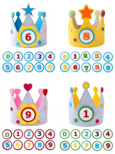 1set Yellow Pink Blue Felt Number Crown Birthday Hat, Replaceable Number 0-9 Adjustable Birthday Hat, Crown Digital Birthday Felt Hat, Crown Party Decorations Party Hat, Birthday Party Anniversary Decorations Hat, Holiday Celebration Decorations, Party Decorations Hat, Party Decorations Supplies, Birthday Photography Photo Props, Durable And Lightweight,Birthday Gift Party Favor
