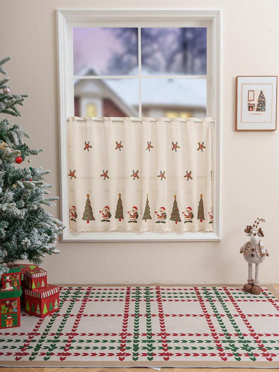 1 pieza Cortina de café con bordado de árbol de Navidad, panel de cortina transparente para decoración navideña - Árbol de Navidad largo - Ver 1