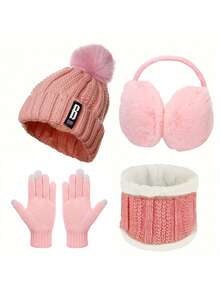 Set de 4 piezas de sombrero de invierno para mujer que incluye gorro, cuello, guantes y orejeras. Forrado de felpa gruesa con pompones lindos. Guantes con pantalla táctil para deportes de invierno y actividades al aire libre.