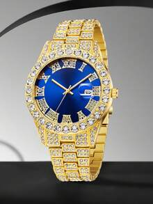 4PCS Gold Alloy Strap Luxury Men's Watch Set Fashion With Calendar Roman Digital Scale Dial Quartz Watch Bracelet Necklace Set Suitable For Daily Clothing Matching Perfect Gift