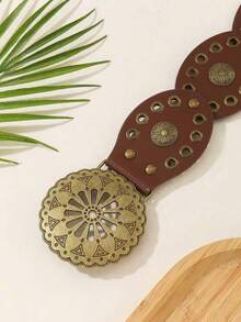 1pc Western Cowgirl Boho Punk Style Fashion Accessory, Women's Hollow Flower Oval Buckle Decor Boho Belt, Suitable For Daily Commute, Hangout With Friends, Vacation Dinner, Dance Party, Music Festival, Gift For Friends, Family, Mother, Girlfriend On Birthday, Valentine's Day, Mother's Day - 黑色 - 查看 5