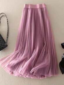 LuminousWealth Women's Elegant Pleated Mesh A-Line Skirt, Suitable For Casual Or Office Wear, Minimalist & Graceful | Polyester Mesh Skirt, Suitable For All Seasons, Great For Christmas & New Year - 中紫紅色 - 查看 7
