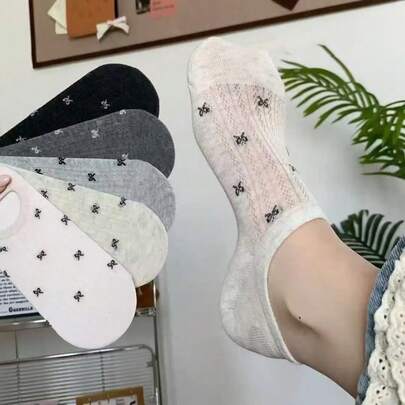 5pcs Bowknot Inspired Women's Ankle Socks, Thin Breathable Non-Slip Sweat-Absorbent Invisible Socks For Summer