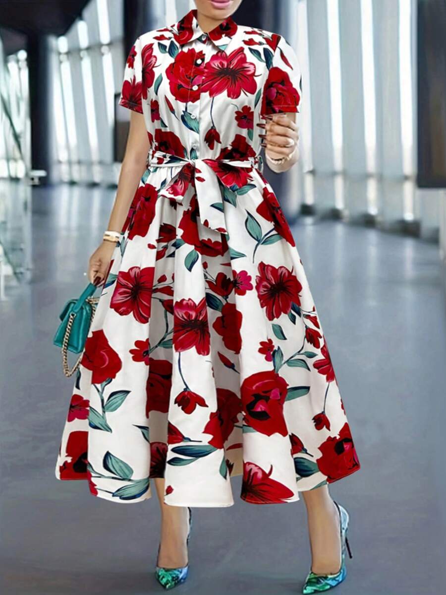女士波西米亚风夏季连衣裙,女士夏季穿搭,优雅度假装扮 - 紅白色 - 查看 1