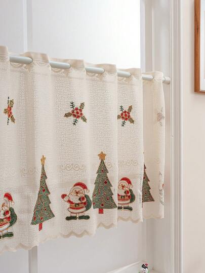 1pc Christmas Tree Embroidered Lace Coffee Curtain, Holiday Decor Sheer Curtain Panel