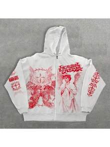 Men's Y2K Streetwear Angel Print 3D Hooded Zipper Oversized Sweatshirt For Men & Women - Red - View 2