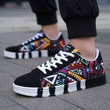 Sporty Running Shoes For Men, Canvas Geometric Pattern Lace-Up Front Sneakers