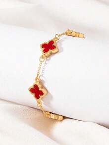 1pc Elegant Lucky Four-Leaf Clover Women Bracelet, Suitable For Daily Wear In Summer, Great Gift For Friends - Đỏ - Xem 2