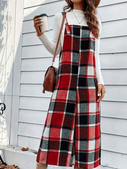 圣诞女式秋冬红色格子吊带裤，吊带设计，7/8 长度吊带连体裤，时尚百搭，适合日常穿着