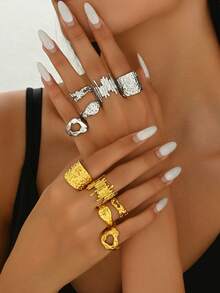 5pcs/Set Vintage Baroque Style Asymmetrical Texture Open Stainless Steel Rings For Women, Perfect For Parties And Gift Giving - Set Ring - View 7