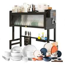 Escurridor de platos con solapa para sobre el fregadero, extensible, para encimera, con cubertero y escurridor, ahorra espacio. Organizador de platos de 3 niveles, cubertero, cesta, tabla de cortar, 6 ganchos (85 x 30 x 80 cm) - Negro - Ver 12