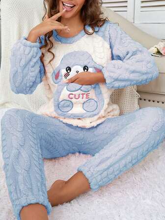 2pcs Women Coral Fleece Fluffy Pajama Set, Long Sleeve Top & Pants, Thick Warm, Blue Rabbit Embroidery With Pockets, Sweet Casual Sleepwear For Winter, Fall Clothes, Cozy