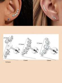 3 件装 16G 平背软骨耳环耳轮穿孔首饰女式不锈钢蛋白石 CZ 海螺耳屏穿孔首饰花蛇叶螺丝背耳钉套装 - silver stud earring - 查看 18