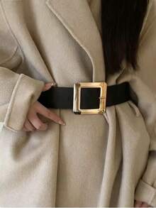 1pc Women's Black PU Leather High-Quality Metal Buckle Personalized Wide Waist Belt