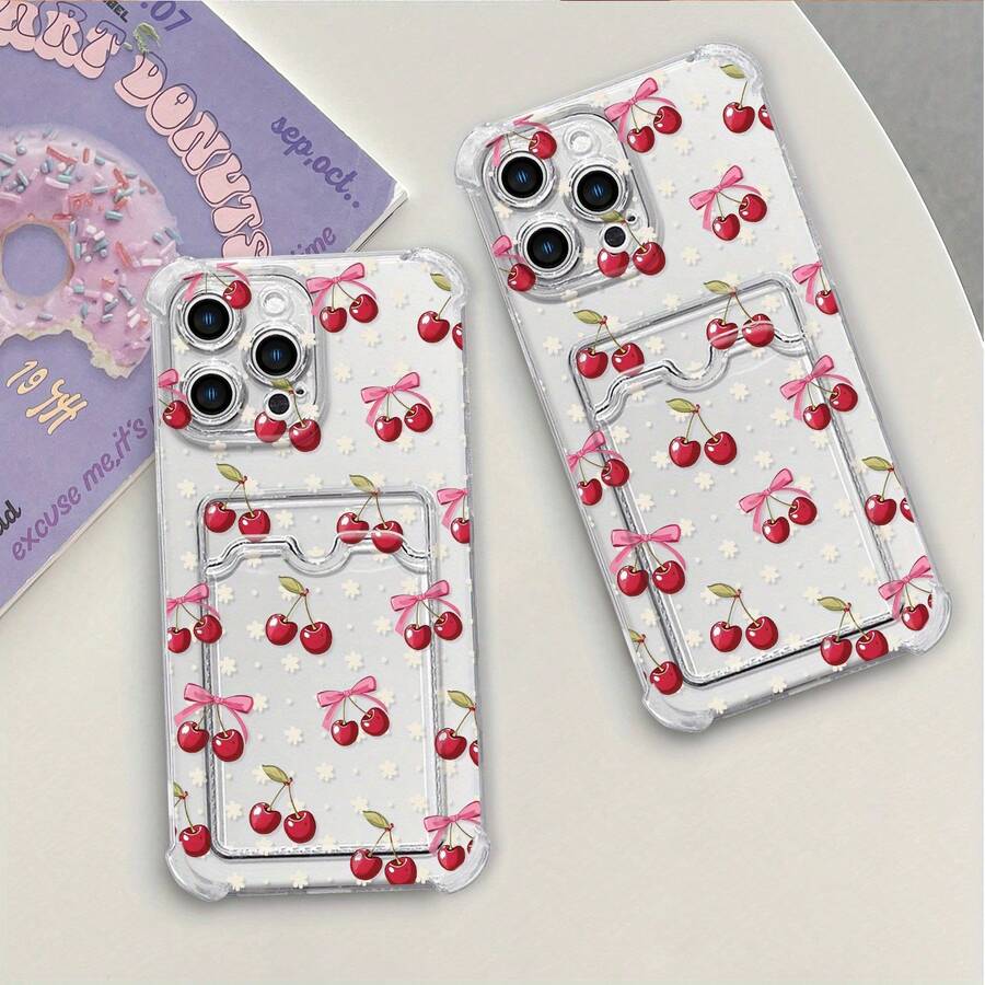 Funda de Teléfono Transparente con Patrón de Cereza de Moda, a Prueba de Golpes, con Ranura para Tarjeta, Compatible con 15 Pro/15 Plus/15 Pro/15, 14 Pro/14 Plus/14 Pro/14, 13 Pro/13 Pro/13/13, 12 Pro/12 Pro/12/12, 11 Pro/11 Pro/11, XS/XR/XS/S - Colores mixtos - Ver 1