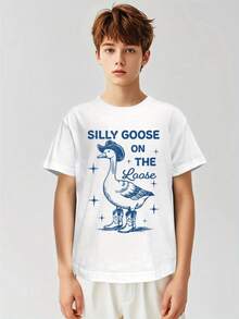 Silly Goose On The Loose Graphic Kid T-Shirt - "Silly Goose On The Loose" Design With Blue Goose & Stars, Casual Cotton Tee For Kids, All-Season Wear, Casual Kidwear| Playful Design| Comfortable Fit, Kids T Shirts 3-13Y - 白色 - 查看 8